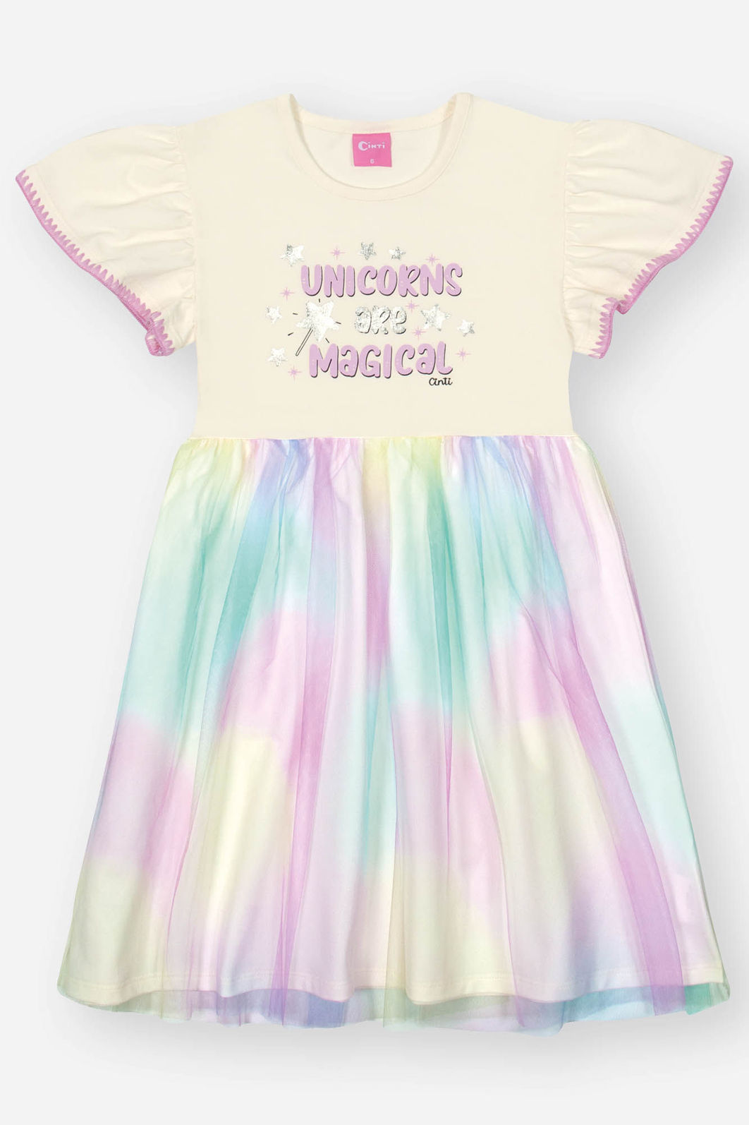 Vestido Infantil Manga Curta com Tule – Vestido Menina Temático Unicórnio Mundo Cinti