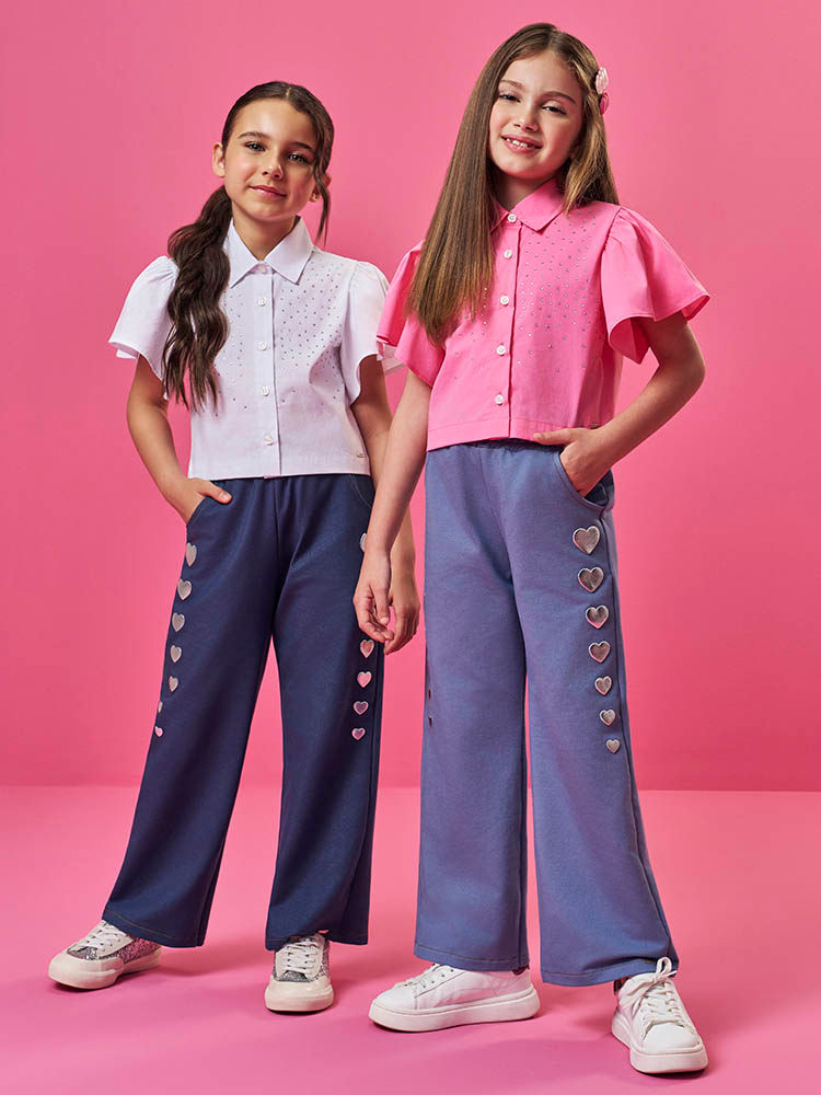 Calça Infantil em Molecotton Denim com Foil de Corações – Calça Menina Verão com Elastano AZUL JEANS MEDIO