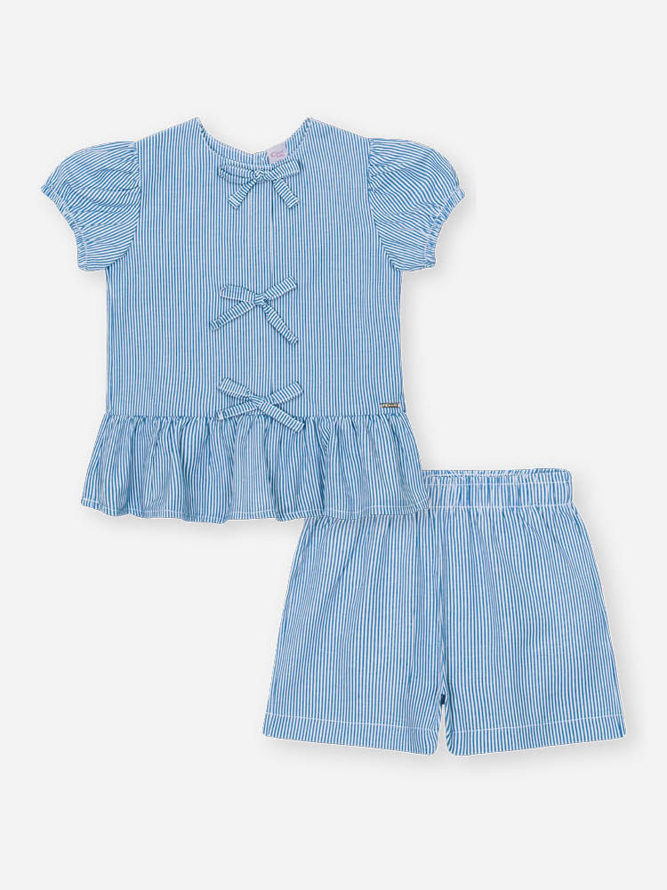 Conjunto Bebê Menina Bata com Laços e Shorts em Tricoline – Look Delicado Cinti Baby AZUL DENIM