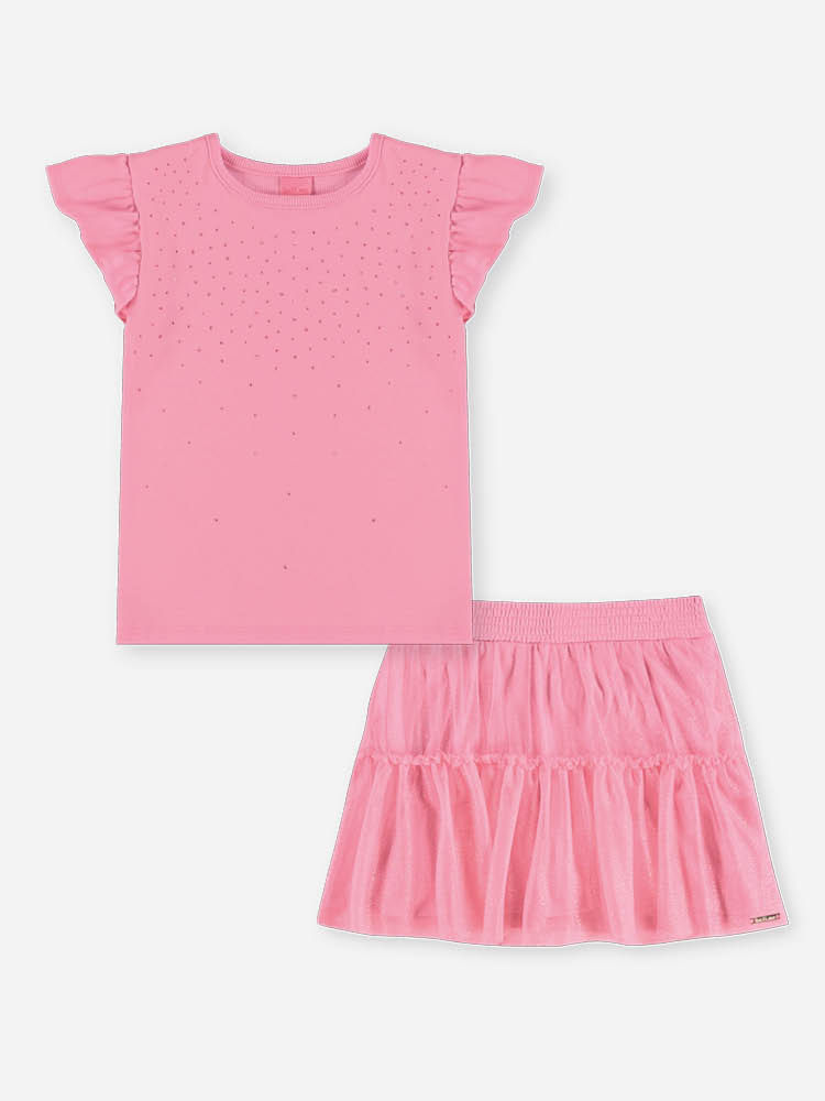 Conjunto Infantil Menina Regata com Strass e Saia-Short Barbie
