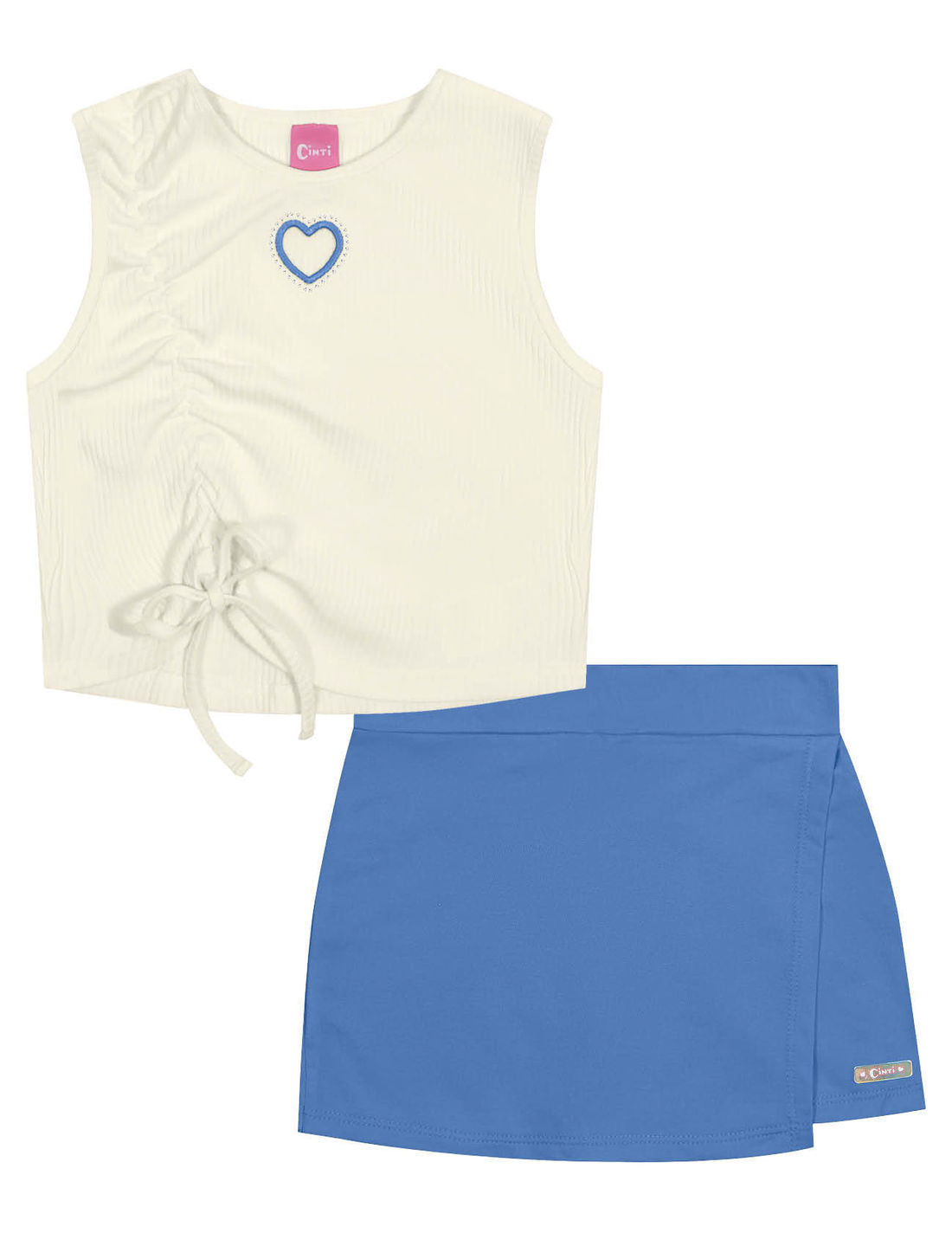 Conjunto Infantil Menina Blusa Cropped E Short-Saia Natural E Azul Cinti