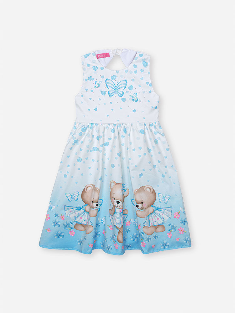 Vestido Infantil em Cetim Glow com Estampa de Ursinhas – Vestido Menina Verão com Strass AZUL PORCELANA