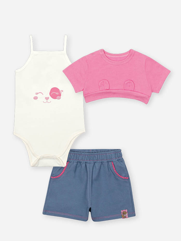 Conjunto Bebê Menina Body com Sobreposição Interativa e Shorts Denim – Look Divertido Cinti Baby NATURAL/AZ JEANS M/RS CONFETE
