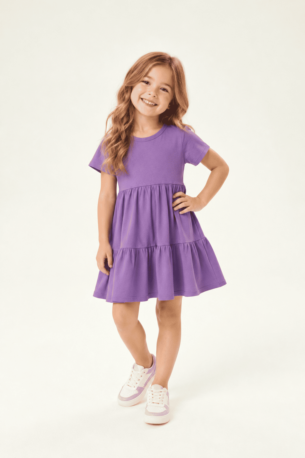 Vestido Infantil em Camadas Básico Manga Curta Roxo Vestido Infantil em Camadas Básico Manga Curta Roxo