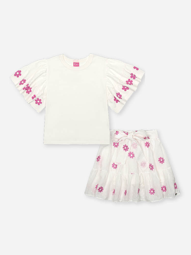 Conjunto Infantil com Blusa e Saia Shorts Bordada – Look Menina Verão Off White NATURAL/OFF WHITE