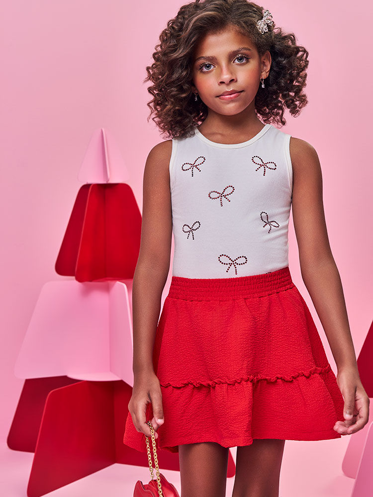 Conjunto Infantil Regata Laço de Strass e Saia-Short Vermelho