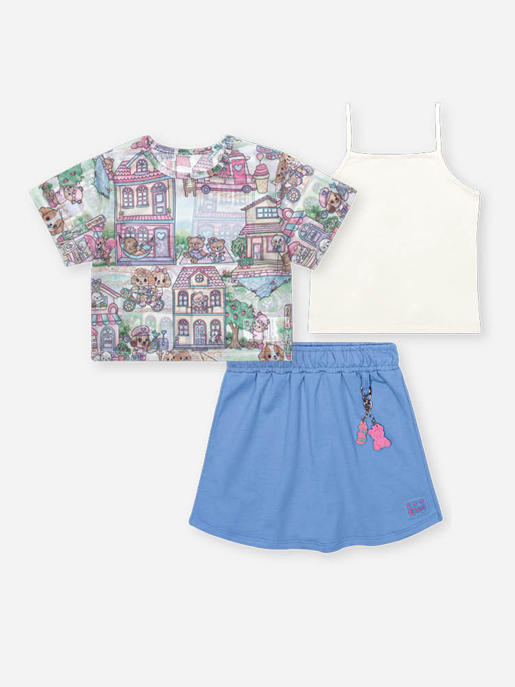 Conjunto Infantil com Regata e Shorts Saia em Moletinho com Kimono em Tule – Look Menina Verão com A NATURAL/AZ PROVENCE