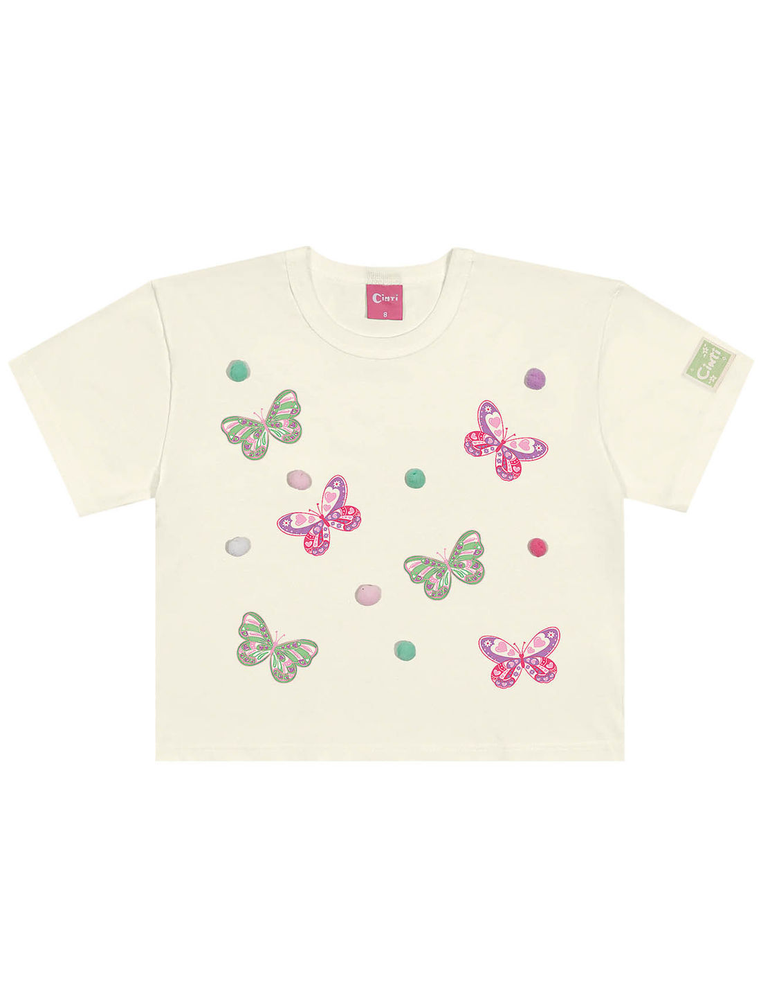 Conjunto Infantil Menina Blusa Boxy E Short  Borboletas E Pompom Natural Cinti