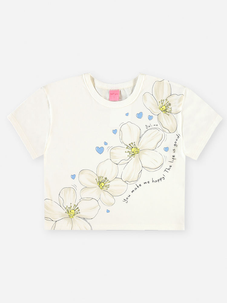 Conjunto Infantil Menina Blusa Floral e Saia-Short Azul com Laço