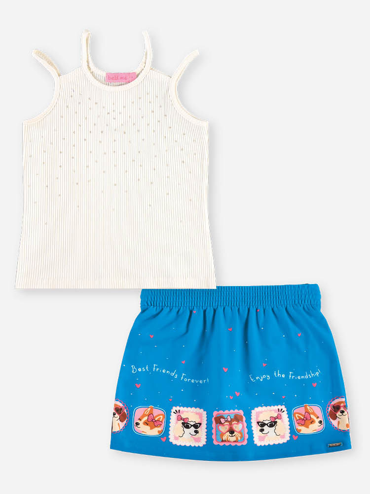 Conjunto Infantil Menina Regata e Saia-Short Selos de Cachorrinhos com Strass