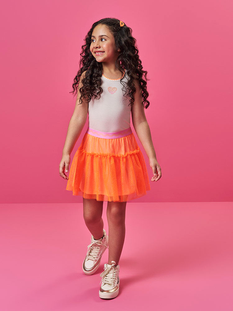 Conjunto Infantil Neon Love com Regata em Cotton e Saia Shorts em Tule Glitter – Look Menina Verão c NATURAL/LARANJA NEON