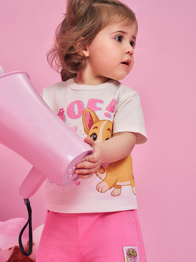 Conjunto Bebê Menina Cachorrinha com Orelhas Interativas – Blusa Boxy e Shorts em Algodão NATURAL/RS CONFETE