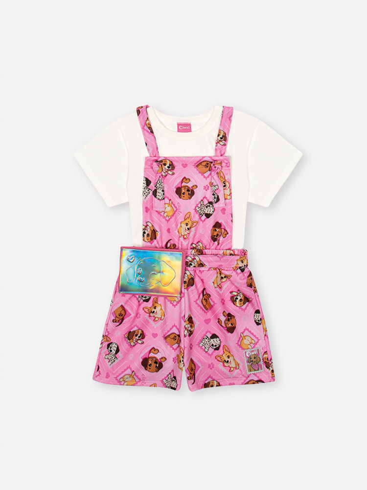Conjunto Infantil com Blusa e Jardineira com Pochete – Look Menina Verão com Estampa de Cachorrinhos NATURAL/RS CONFETE