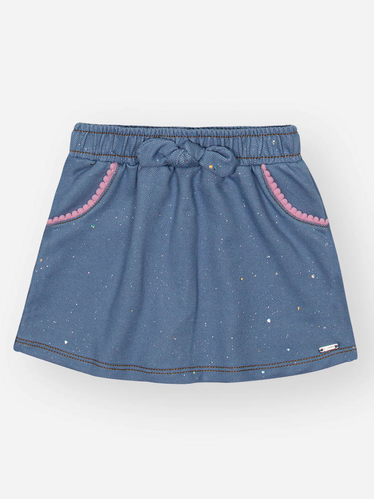 Short-Saia Infantil Cinti em Molecotton Denim com Glitter e Pompons AZUL JEANS MEDIO