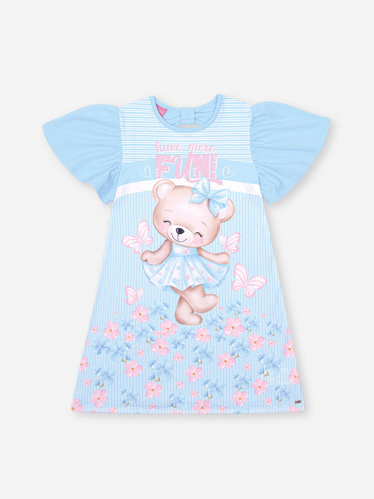Vestido Infantil em Cotton com Estampa de Ursinha – Vestido Menina Verão com Strass AZUL PORCELANA