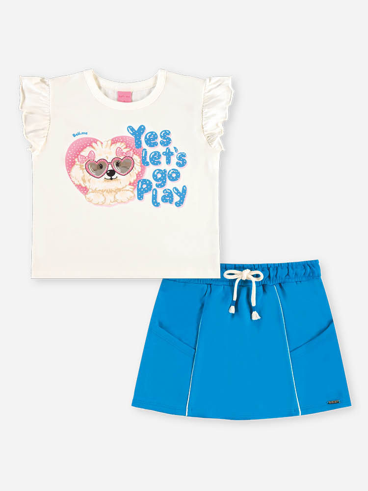 Conjunto Infantil Menina Blusa Boxy Shih Tzu e Short-Saia com Strass