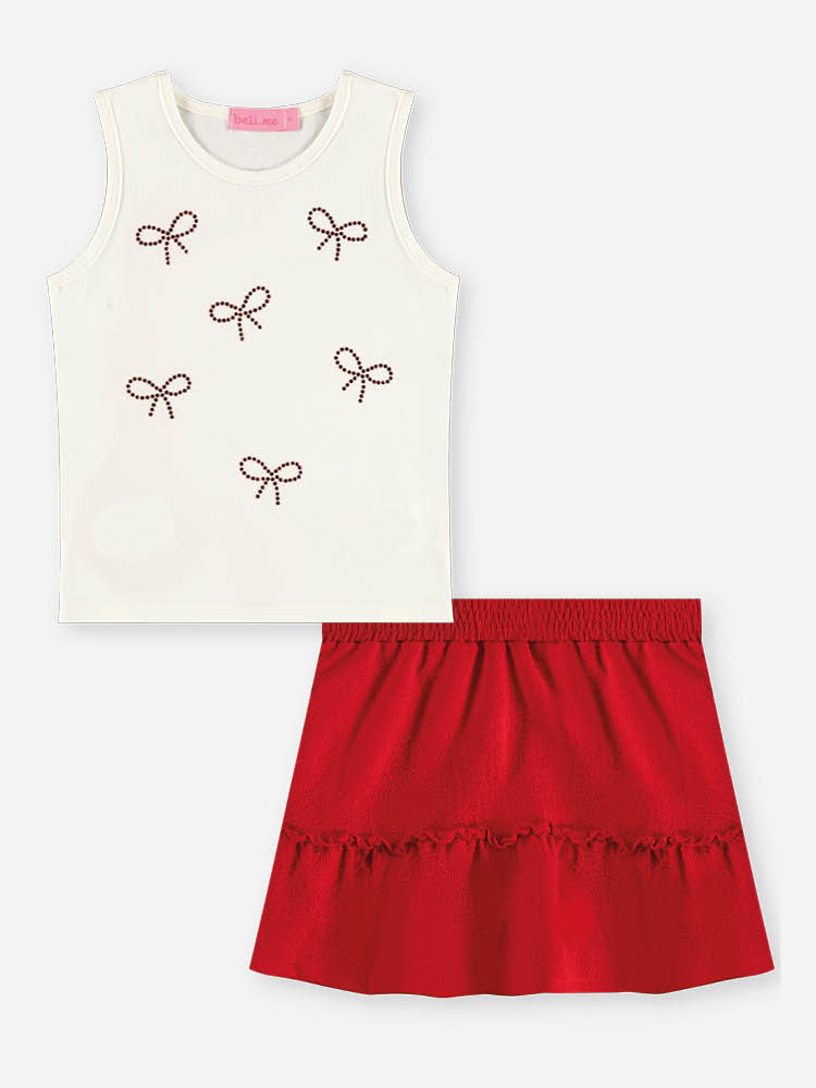 Conjunto Infantil Regata Laço de Strass e Saia-Short Vermelho