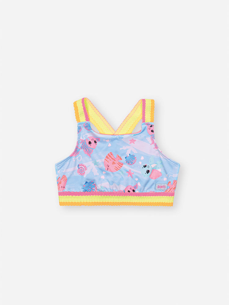 Biquíni Infantil em Malha UV com Estampa de Peixes – Moda Praia Menina Azul Porcelana AZUL PORCELANA