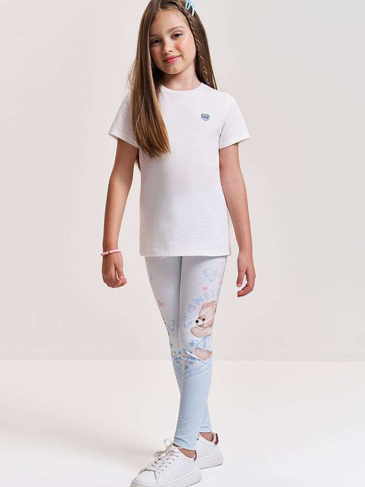 Legging Infantil em Suplex com Estampa de Ursinha – Calça Legging Menina Verão com Elastano AZUL PORCELANA