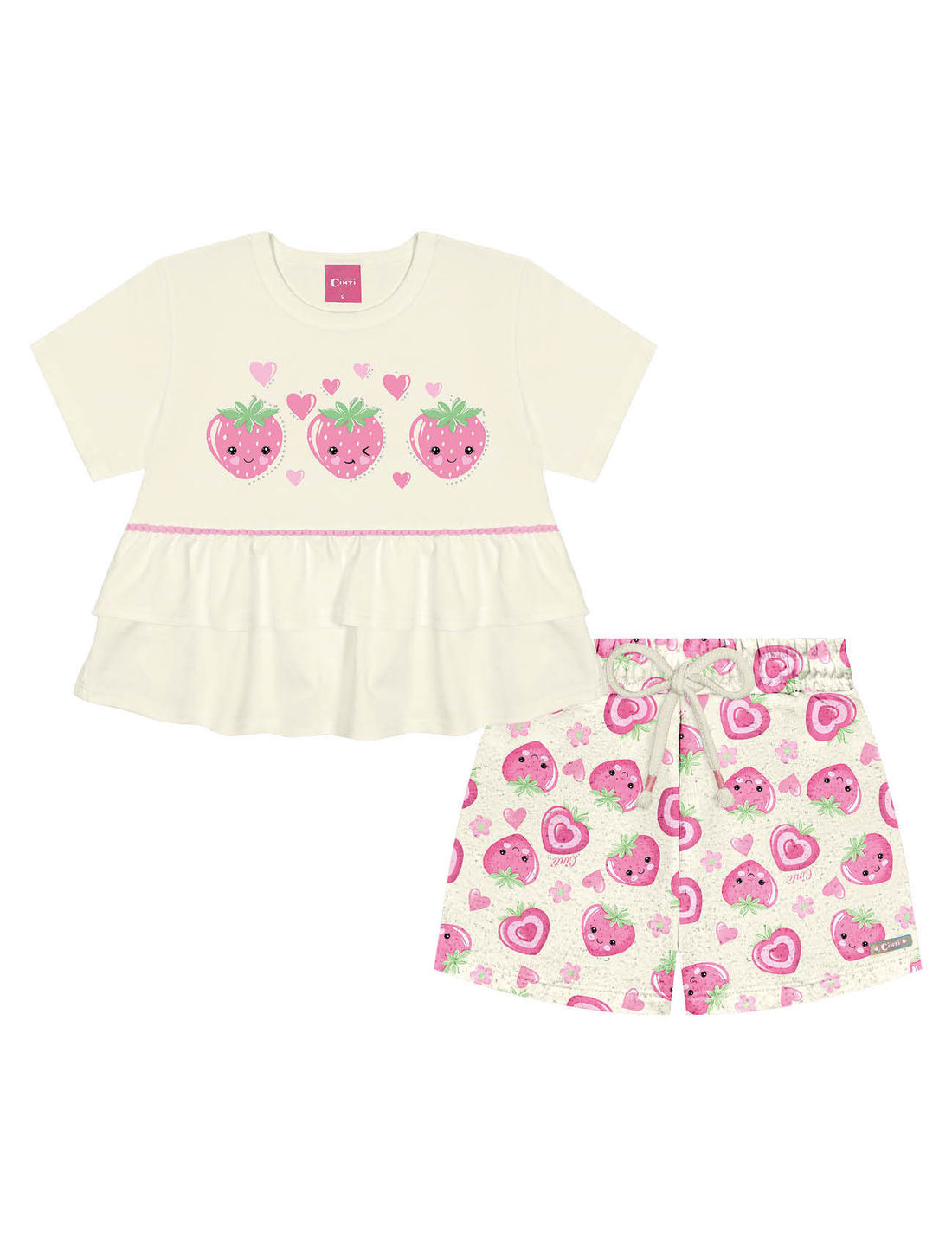 Conjunto Infantil Menina Blusa E Short Strawberry Natural E Rosa Cinti