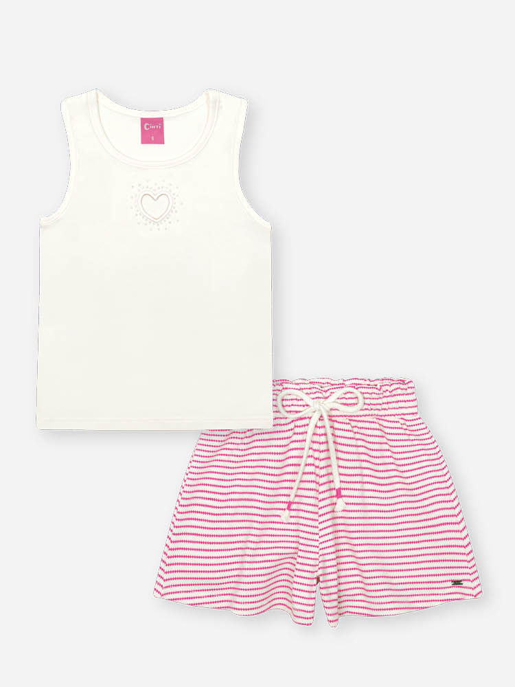 Conjunto Infantil com Regata em Cotton e Shorts Listrado – Look Menina Verão com Bordado Vazado e St NATURAL/RS CRUSH