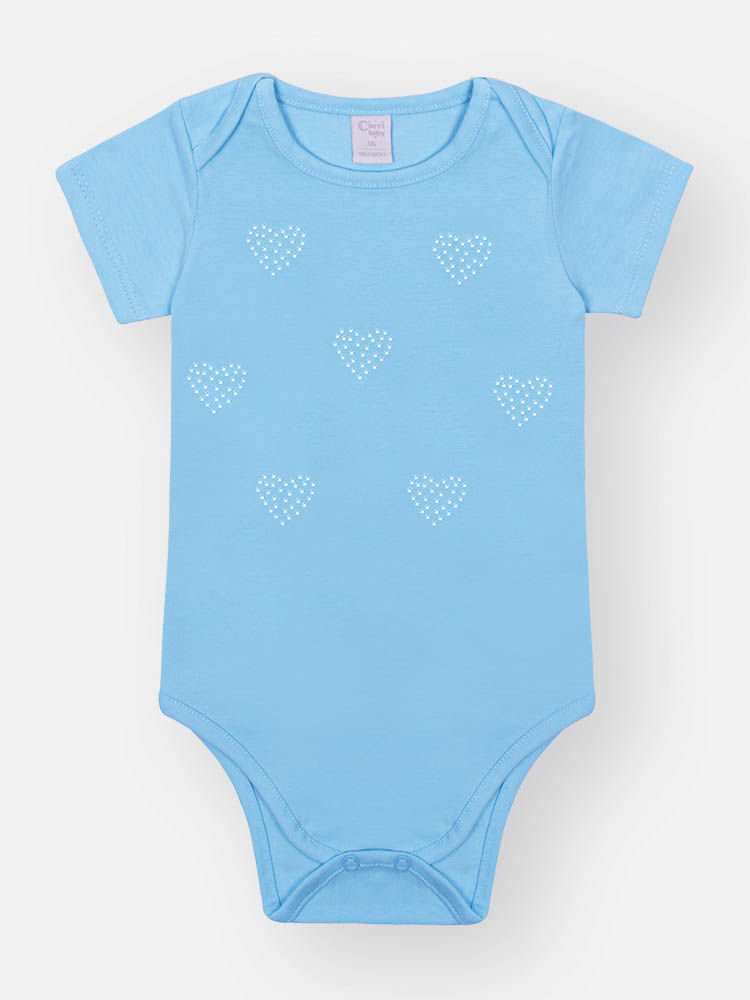 Body Bebê Menina em Cotton com Corações em Strass – Body Infantil Básico e Confortável Cinti Baby AZUL PORCELANA