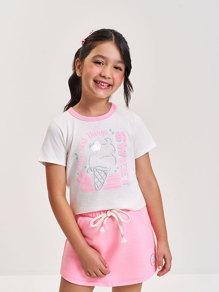 Conjunto Infantil Neon Love com Blusa Boxy e Shorts Saia em Moletom P.A – Look Menina Verão com Rele NATURAL/RS BARBIE