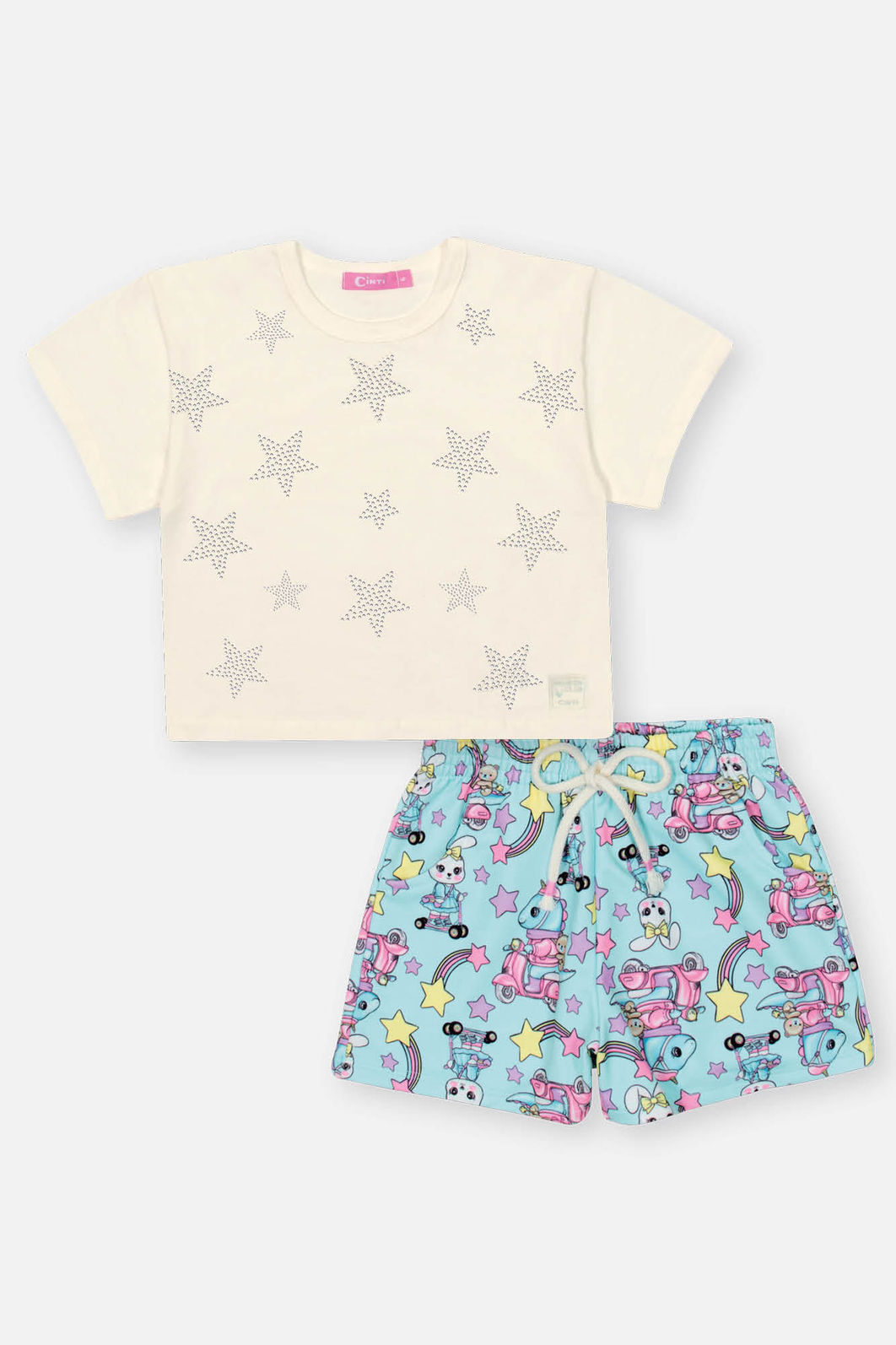 Conjunto Infantil Menina Blusa Estrelas E Short Dino Azul Mundo Cinti