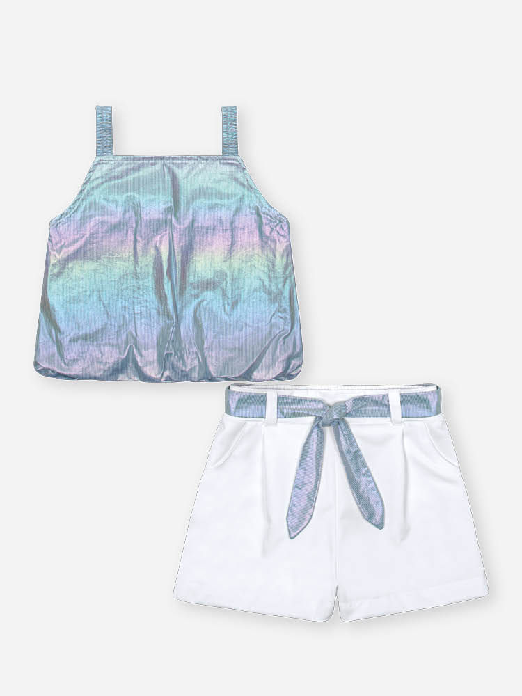 Conjunto Infantil com Regata Balonê Holográfica e Shorts em Cetim Glow AZ PROVENCE/BRANCO