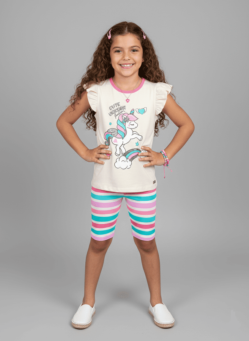 Conjunto Infantil Menina Unicórnio Listrado Natural Abrange