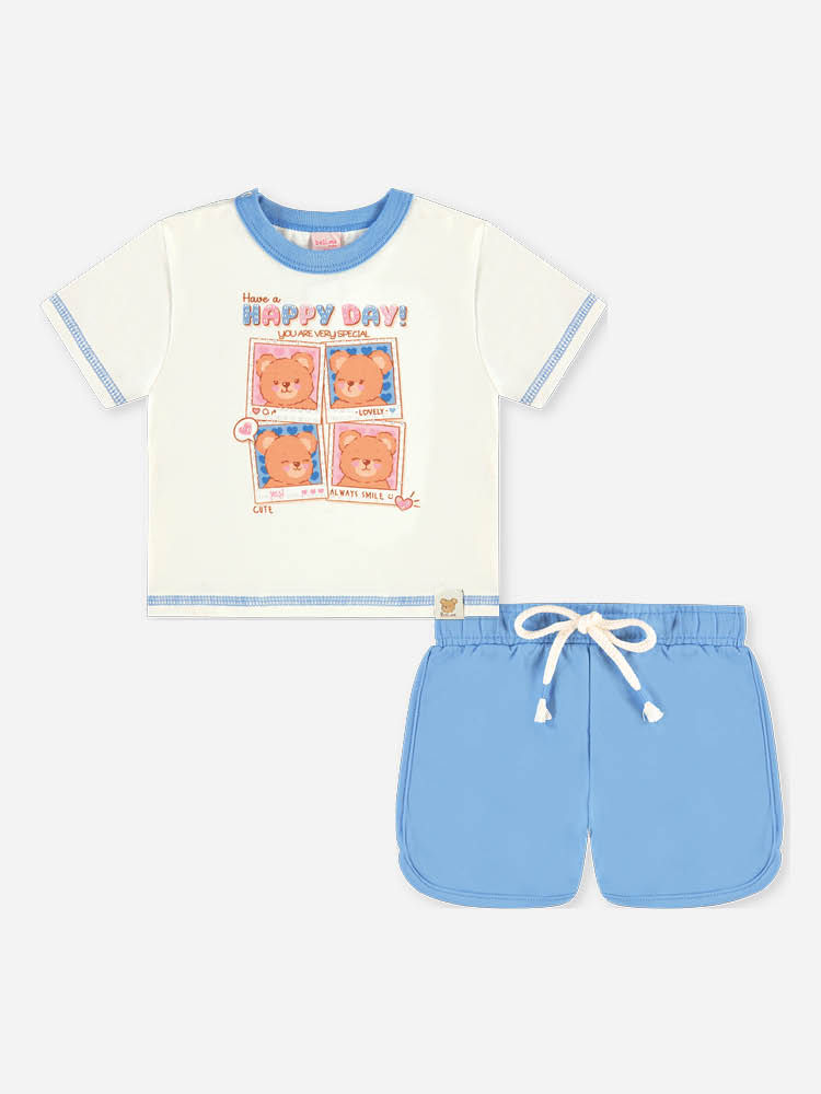 Conjunto Bebê Happy Day com Blusa Boxy e Short Azul