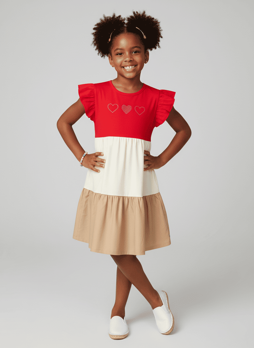 Vestido Infantil Color Block 3 Corações Vermelho Abrange
