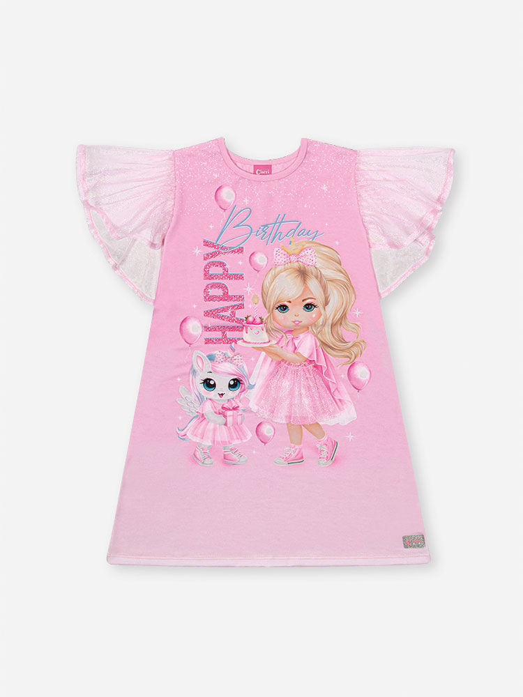 Vestido Infantil Aniversário Menina com Capa em Tule Foil e Coroa – Vestido Birthday Girl Cinti ROSA IOGURTE