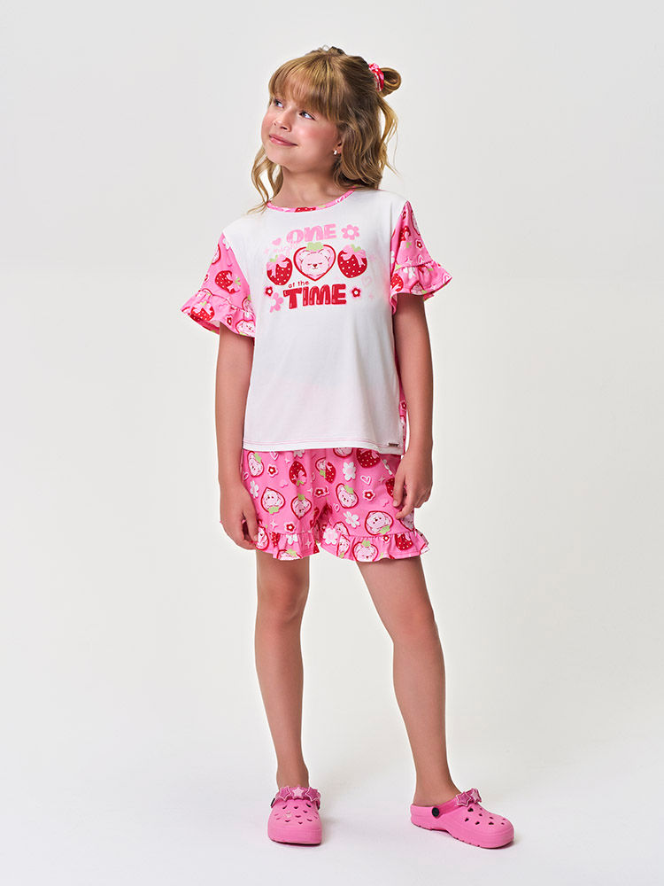 Conjunto Infantil Menina Pijama Morangos em Malha Suede