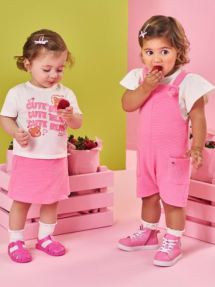 Conjunto Bebê Blusa Cute Bear e Short-Saia Rosa