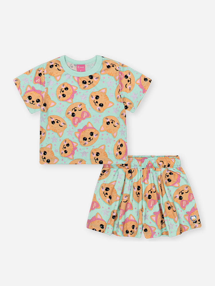 Conjunto Infantil com Blusa e Shorts em Cotton Linho de Gatinhos – Look Menina Verão Verde Brisa VERDE BRISA