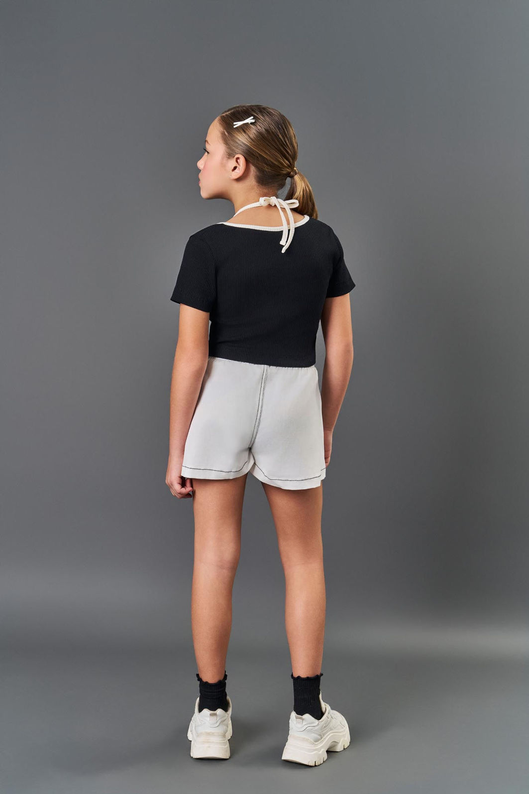 Conjunto Infantil Menina Blusa Cropped + Short Sarja Preto CTV