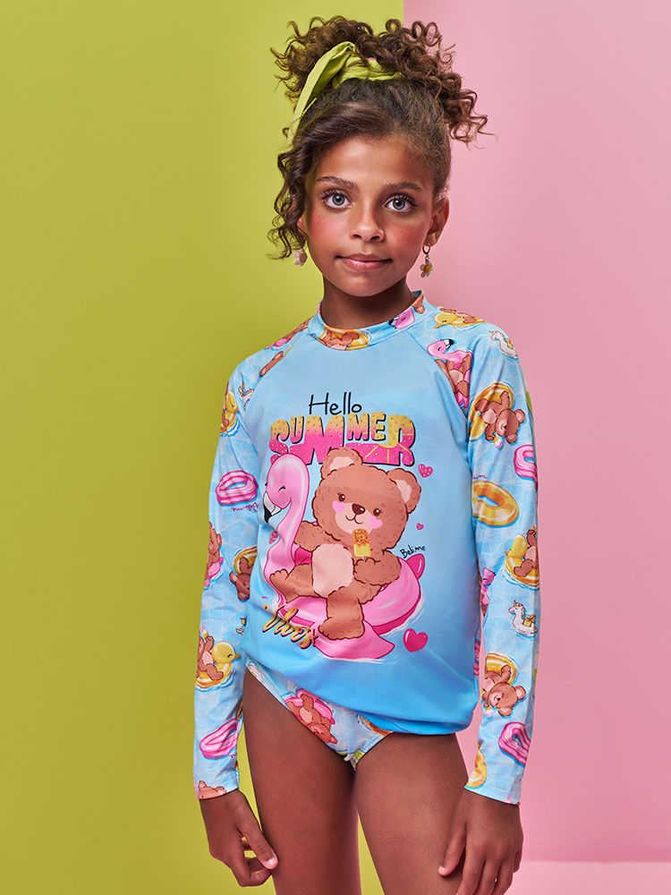Conjunto Infantil Menina Biquíni e Blusa UV com Ursinho