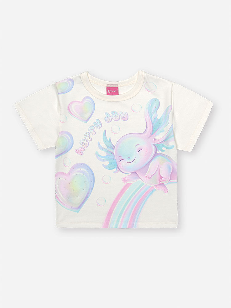 Conjunto Infantil com Blusa Boxy Estampa Sara Salamandra e Saia Shorts em Malha Foil – Look Menina V NATURAL/RS IOGURTE