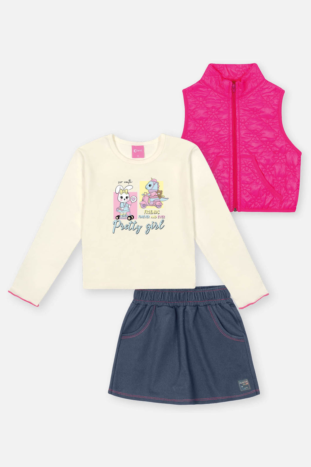Conjunto Infantil Menina Blusa; Short-Saia E Colete Rosa Neon Mundo Cinti