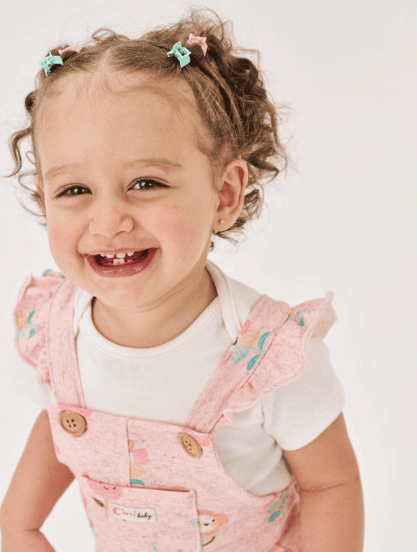 Conjunto Bebê Menina Body E Salopete Flores Natural E Rosa Cinti