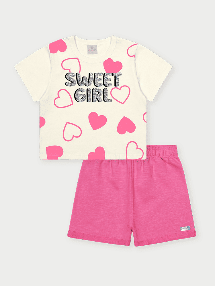 Conjunto Infantil Menina Corações Sweet Girl Rosa Abrange