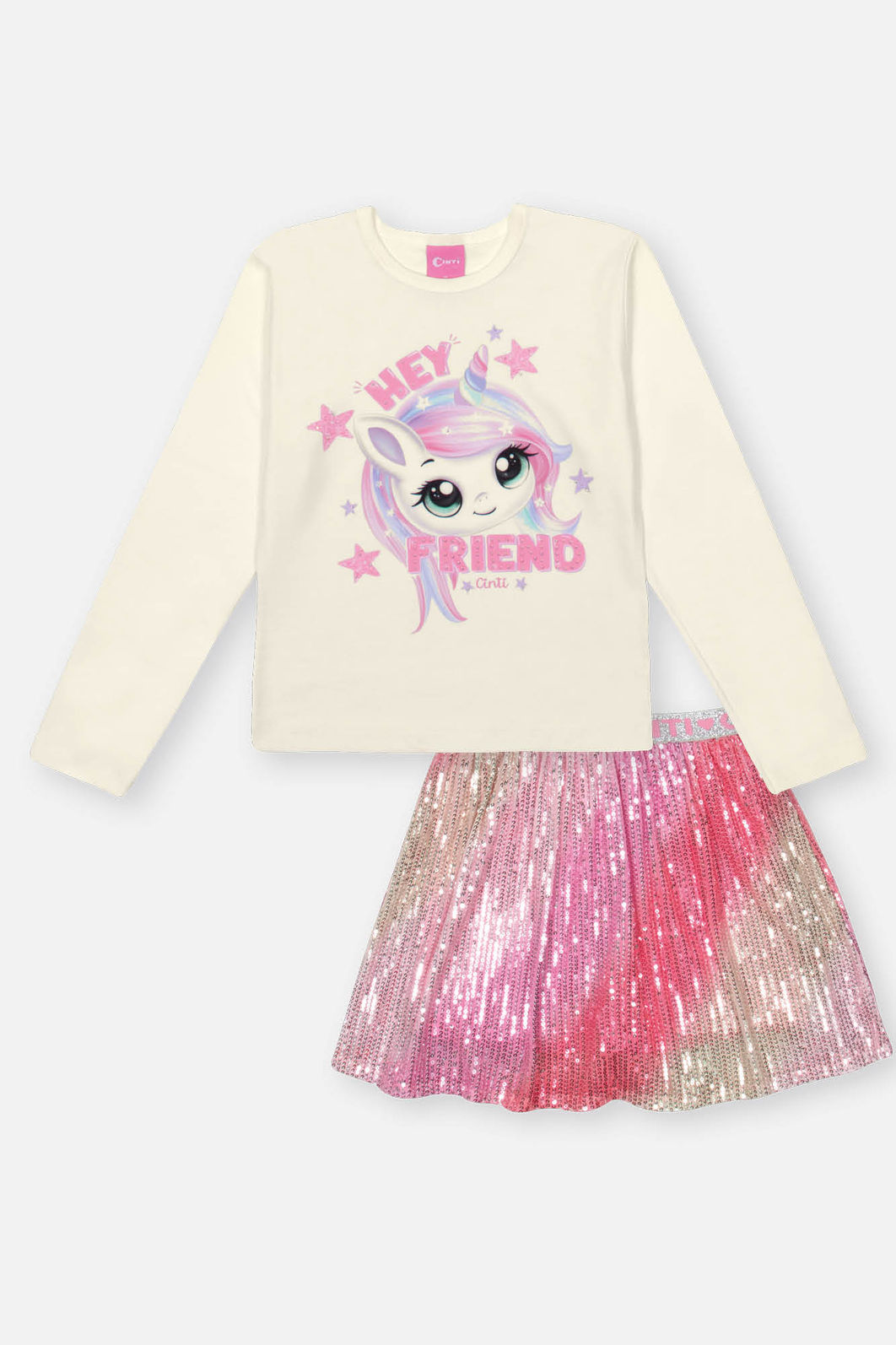 Conjunto Infantil Menina Blusa E Saia-Short Paetê Rosa Mundo Cinti