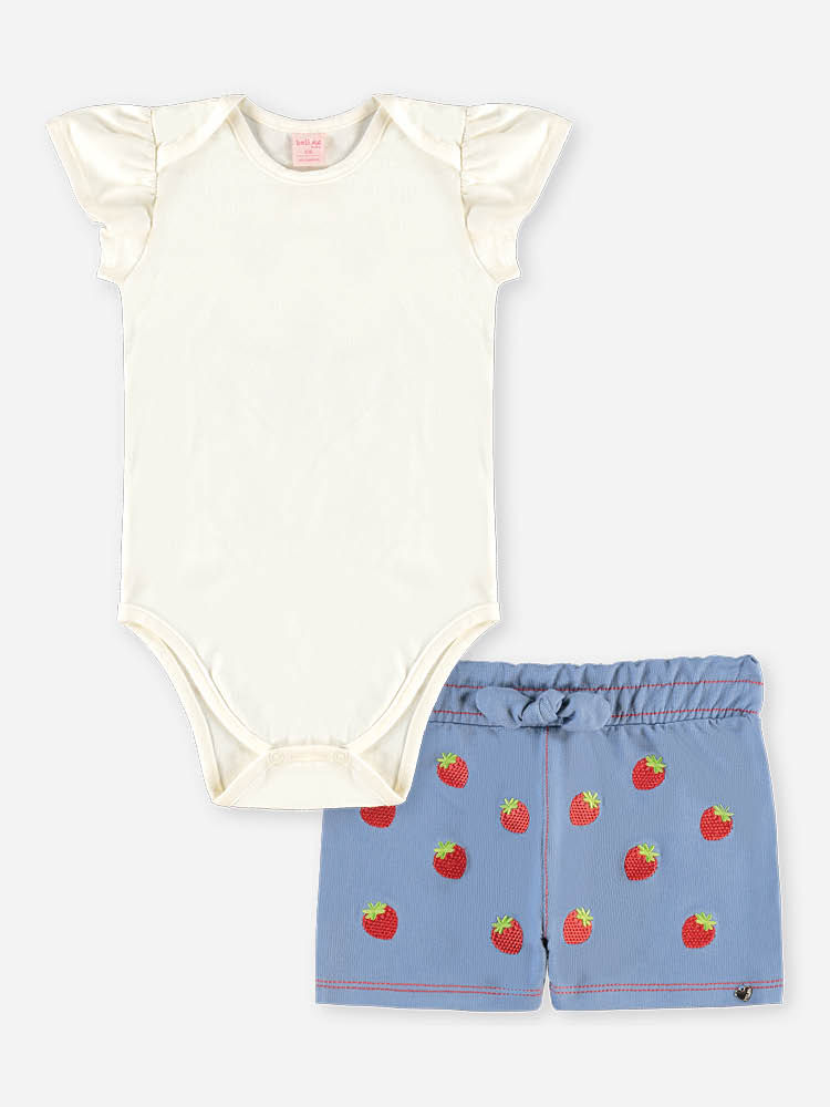 Conjunto Bebê Body com Babados e Short Jeans de Morangos