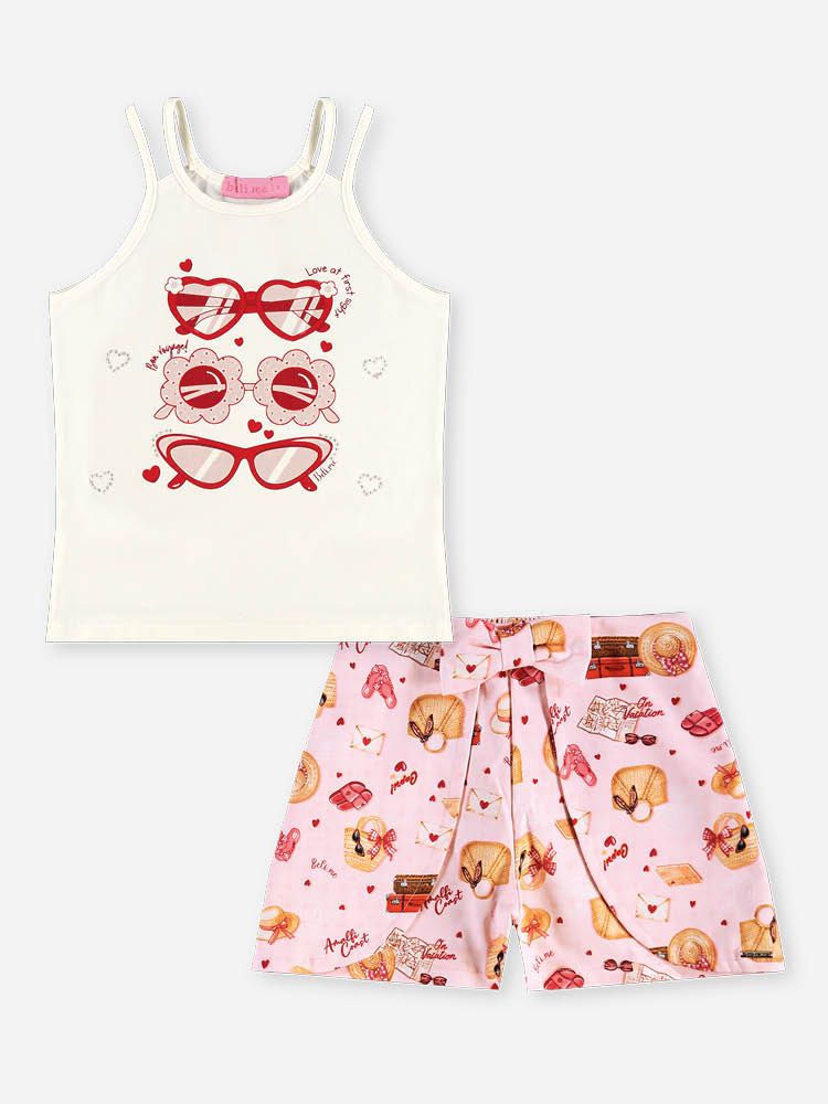 Conjunto Infantil Menina Regata Óculos e Short Estampa Delicada de Verão