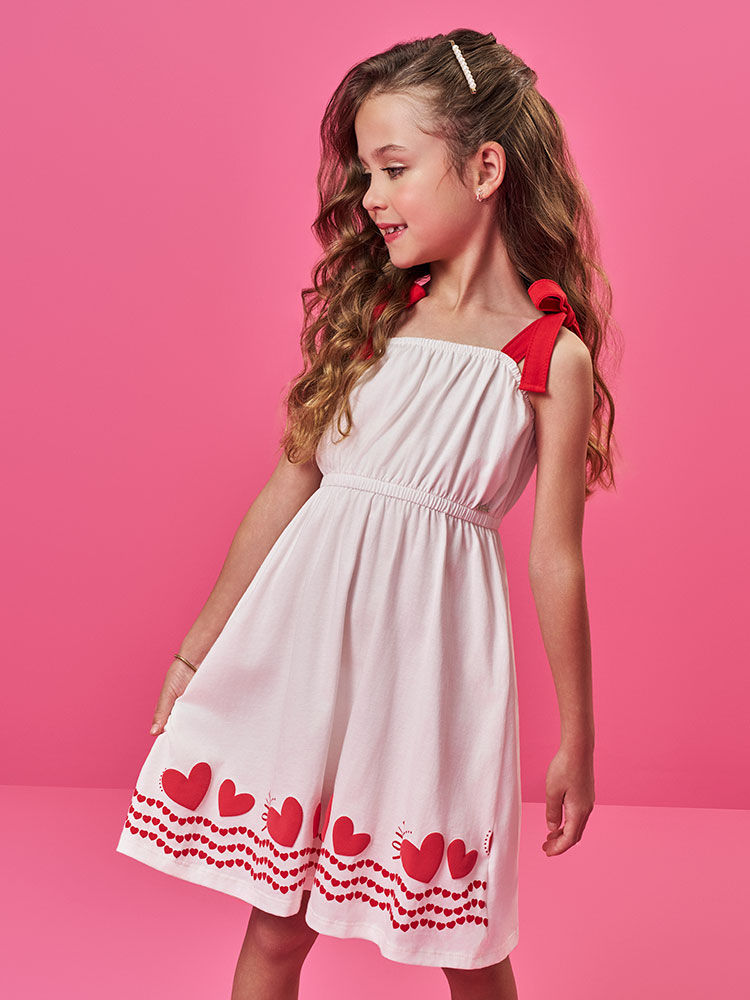 Vestido Infantil de Festa em Meia Malha – Vestido Menina Verão com Laços e Corações NATURAL