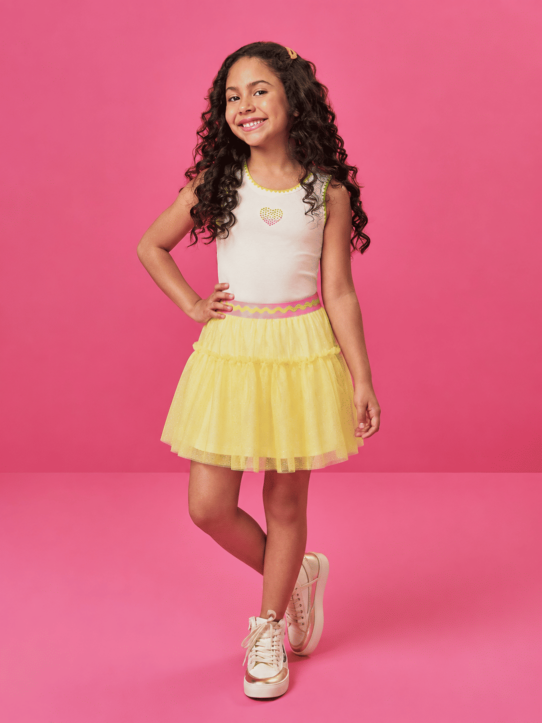 Conjunto Infantil Neon Love com Regata em Cotton e Saia Shorts em Tule Glitter – Look Menina Verão c NATURAL/AMARELO NEON