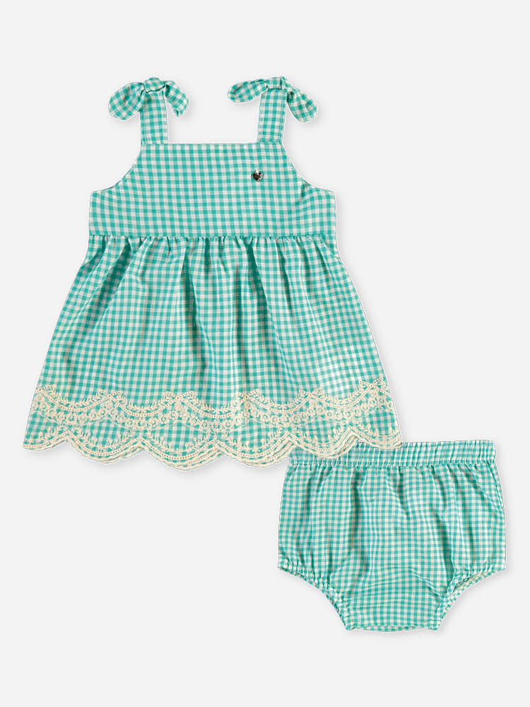 Conjunto Bebê Bata e Short Xadrez Menta