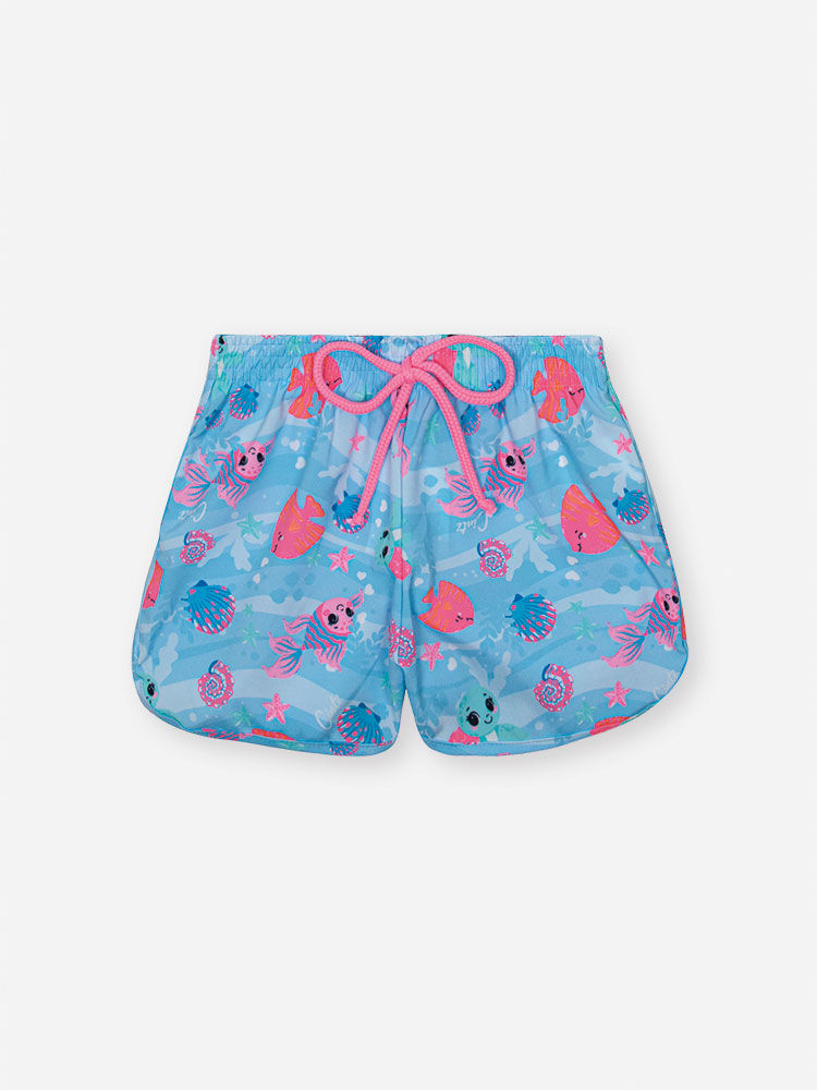 Shorts Infantil em Nylon Estampado – Short Menina Moda Praia Verão com Cordão ROSA NEON/AZ PORCELANA