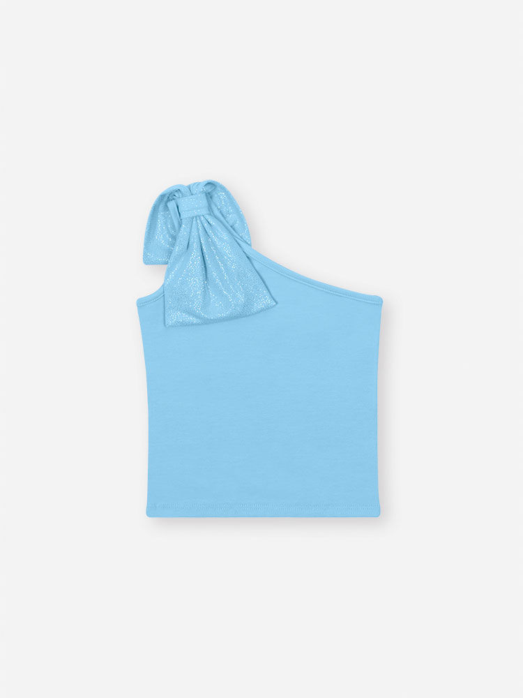 Conjunto Infantil com Blusa de Um Ombro Só e Saia Shorts em Cetim Glow – Look Menina Verão com Stras AZUL PORCELANA